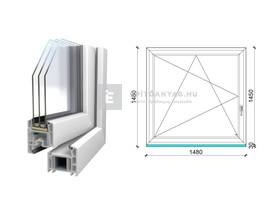 150x150 cm, bukó-nyíló, balos, fehér, háromrétegű üvegezésű Königablak Veka 70 AD műanyag ablak