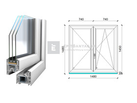 Königablak Veka 76 MD 3r üv NY-BNY 150x150 cm jobb fehér kétszárnyú váltószárnyas ablak