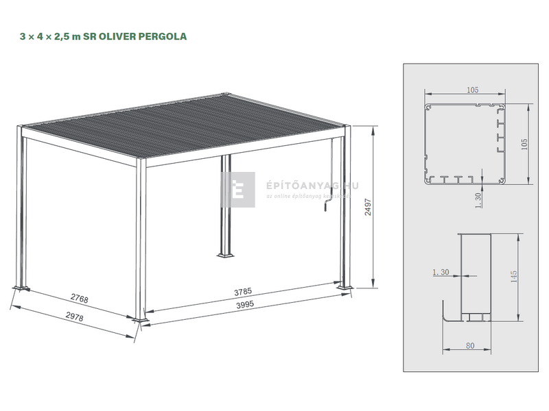 Sunrite Oliver pergola, átalakító konzollal 3x4 m, fekete