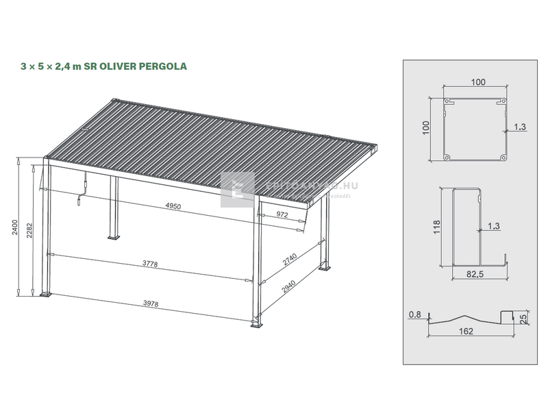 Sunrite Oliver pergola, átalakító konzollal 3x5 m, fekete