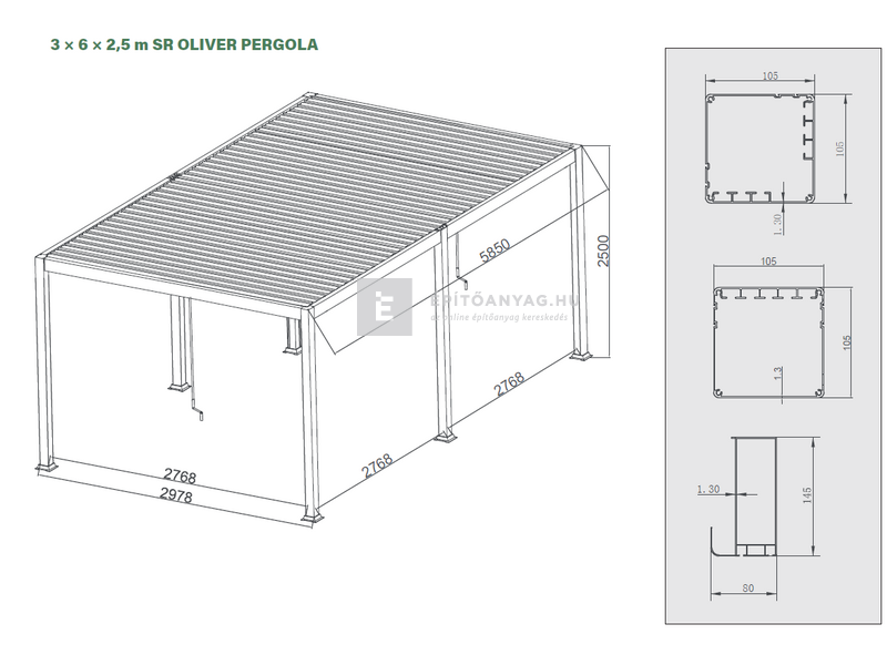 Sunrite Oliver pergola, átalakító konzollal 3x6 m, fekete