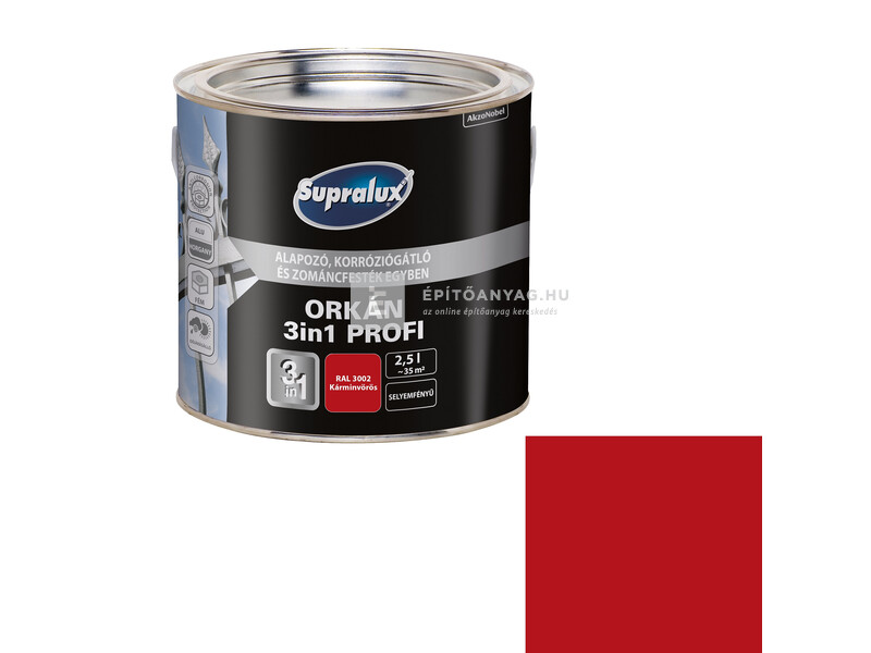 Supralux Orkán 3in1 Profi selyemfényű zománcfesték RAL3002 vörös 2,5 l