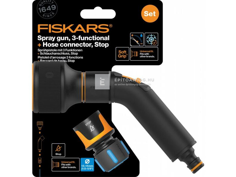Fiskars Comfort locsolópisztoly, 3 funkciós + CF tömlőcsatlakozó 13-15mm, STOP