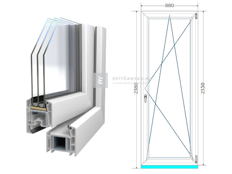 Königablak Veka 70 AD 3r üv BNY 90x240 cm jobb fehér erkélyajtó