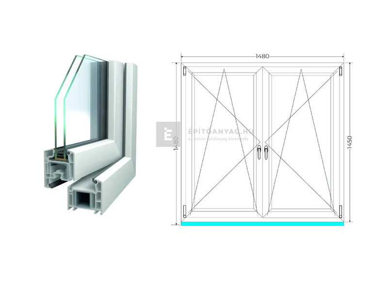 Königablak Veka 70 AD 2r üv BNY-BNY 150x150 cm fehér kétszárnyú tokosztott ablak