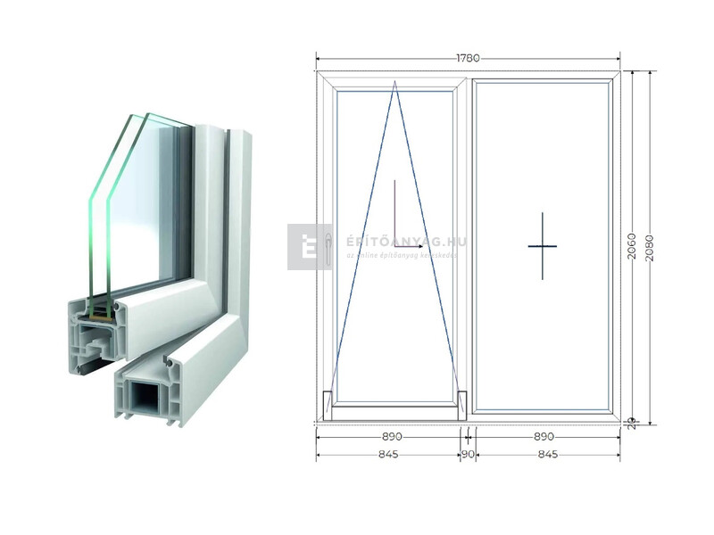 Königablak Veka 70 AD 2r üv T-B 180x210 cm bal fehér erkélyajtó