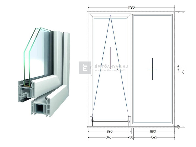 Königablak Veka 70 AD 2r üv T-B 180x240 cm bal fehér erkélyajtó