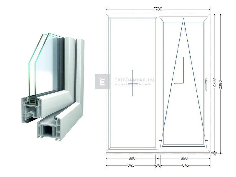 Königablak Veka 70 AD 2r üv T-B 180x240 cm jobb fehér erkélyajtó