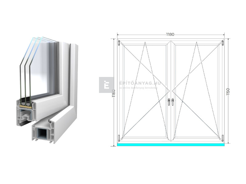 Königablak Veka 70 AD 3r üv BNY-BNY 120x120 cm fehér kétszárnyú tokosztott ablak