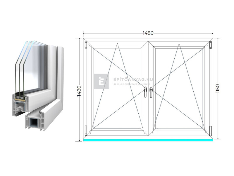 Königablak Veka 70 AD 3r üv BNY-BNY 150x120 cm fehér kétszárnyú tokosztott ablak