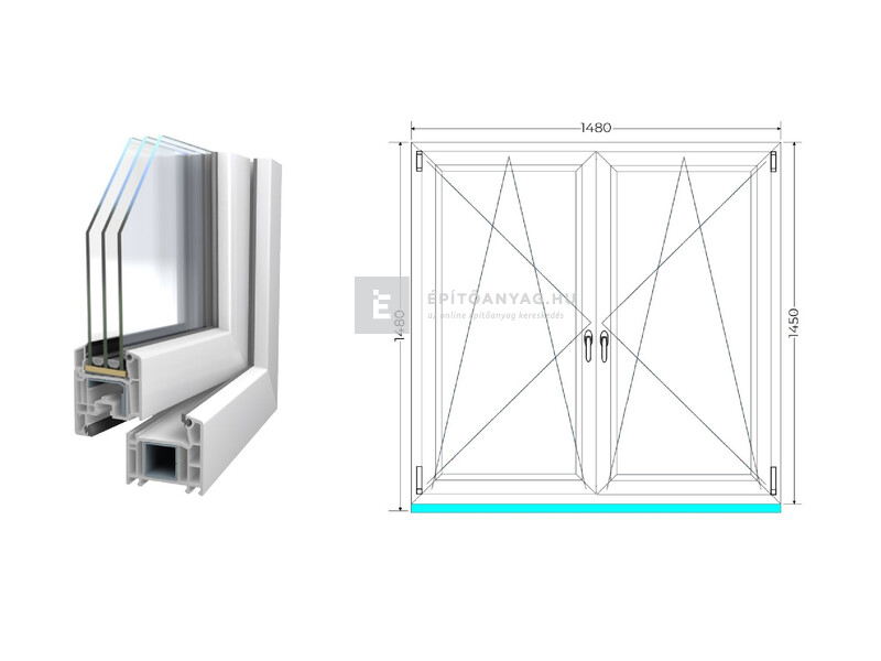 Königablak Veka 70 AD 3r üv BNY-BNY 150x150 cm fehér kétszárnyú tokosztott ablak