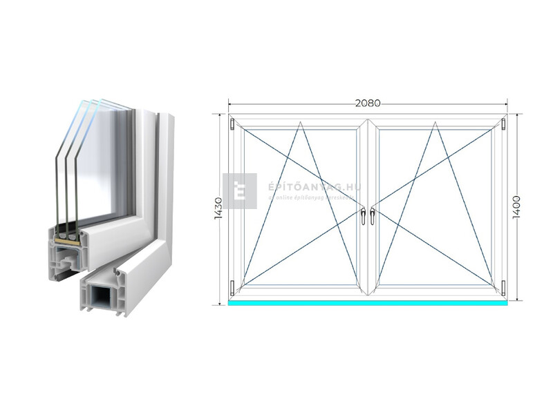 Königablak Veka 70 AD 3r üv BNY-BNY 210x145 cm fehér kétszárnyú tokosztott ablak