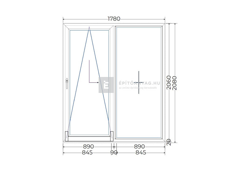 Königablak Veka 70 AD 3r üv T-B 180x210 cm bal fehér erkélyajtó