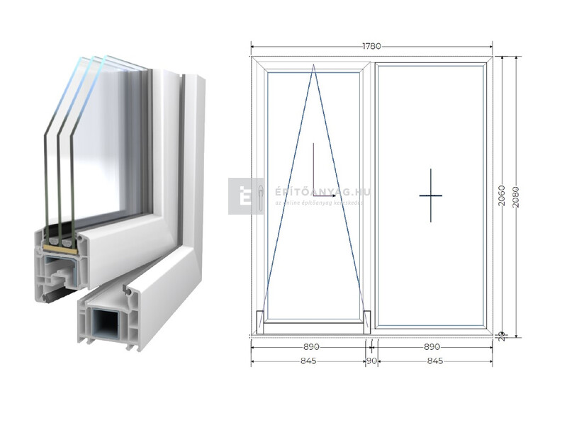 Königablak Veka 70 AD 3r üv T-B 180x210 cm bal fehér erkélyajtó