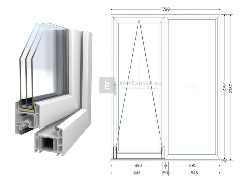 Königablak Veka 70 AD 3r üv T-B 180x240 cm bal fehér erkélyajtó