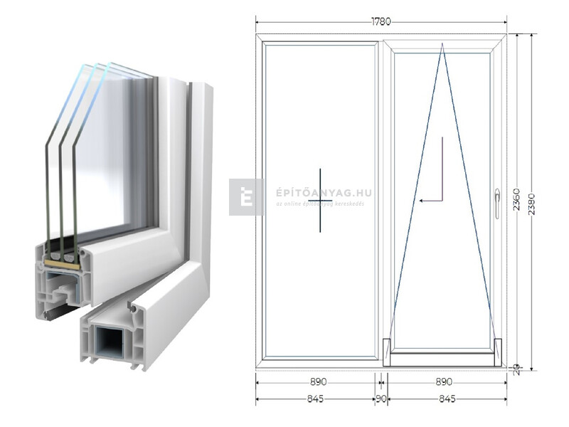 Königablak Veka 70 AD 3r üv T-B 180x240 cm jobb fehér erkélyajtó