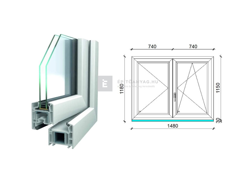 Königablak Veka 70 AD 2r üv NY-BNY 150x120 cm jobb fehér kétszárnyú váltószárnyas ablak