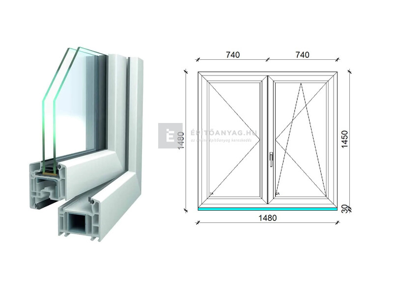 Königablak Veka 70 AD 2r üv NY-BNY 150x150 cm jobb fehér kétszárnyú váltószárnyas ablak