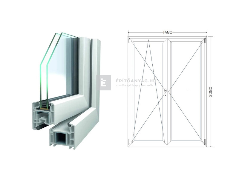 Königablak Veka 70 AD 2r üv NY-BNY 150x210 cm bal fehér kétszárnyú váltószárnyas erkélyajtó