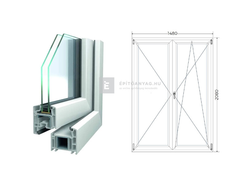 Königablak Veka 70 AD 2r üv NY-BNY 150x210 cm jobb fehér kétszárnyú váltószárnyas erkélyajtó