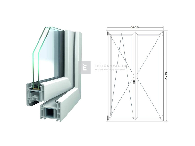 Königablak Veka 70 AD 2r üv NY-BNY 150x240 cm bal fehér kétszárnyú váltószárnyas erkélyajtó