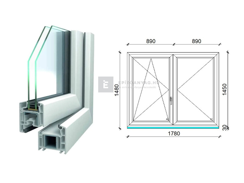 Königablak Veka 70 AD 2r üv NY-BNY 180x150 cm bal fehér kétszárnyú váltószárnyas ablak