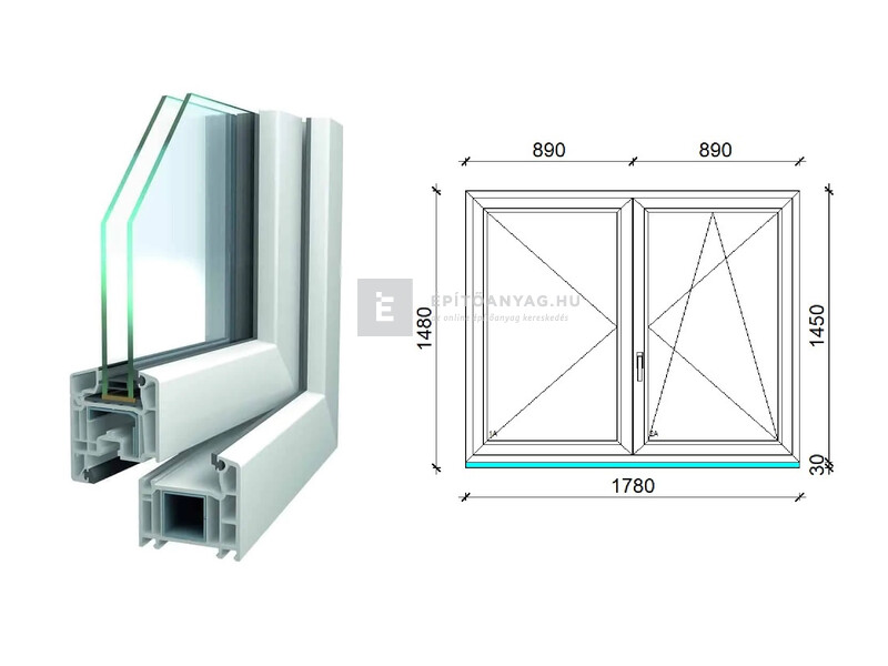 Königablak Veka 70 AD 2r üv NY-BNY 180x150 cm jobb fehér kétszárnyú váltószárnyas ablak