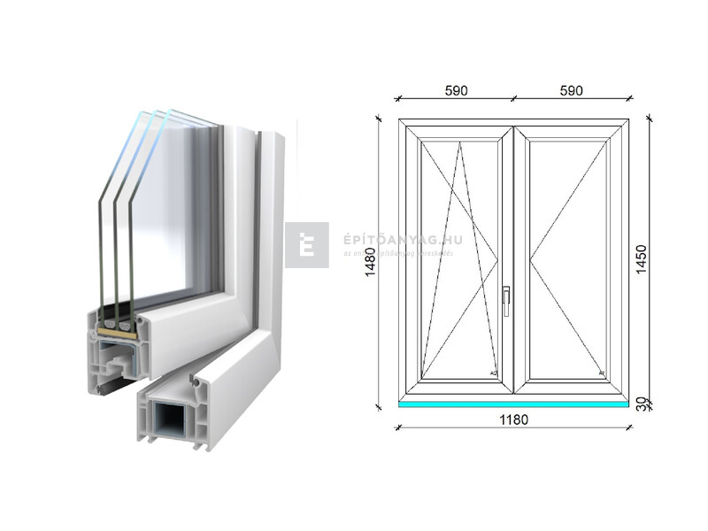 Königablak Veka 70 AD 3r üv NY-BNY 120x150 cm bal fehér kétszárnyú váltószárnyas ablak