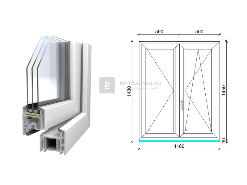 Königablak Veka 70 AD 3r üv NY-BNY 120x150 cm jobb fehér kétszárnyú váltószárnyas ablak