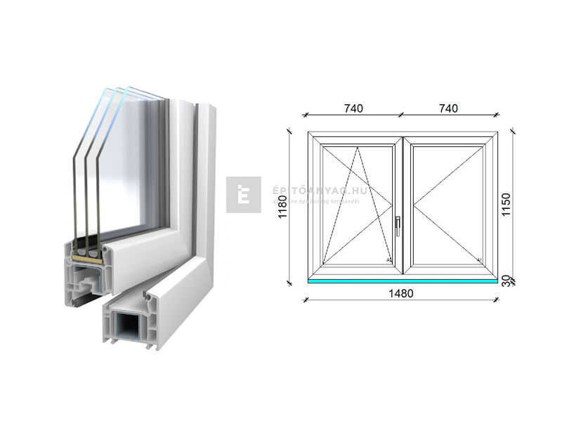 Königablak Veka 70 AD 3r üv NY-BNY 150x120 cm bal fehér kétszárnyú váltószárnyas ablak