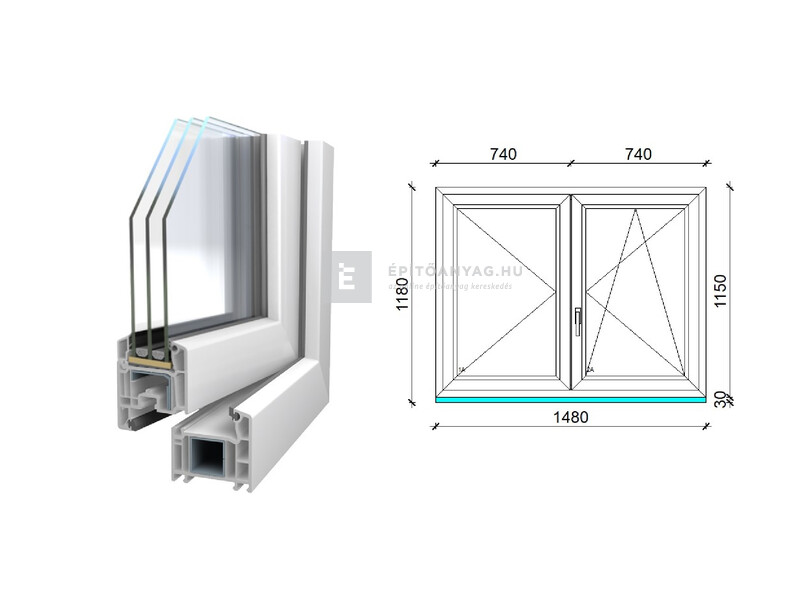 Königablak Veka 70 AD 3r üv NY-BNY 150x120 cm jobb fehér kétszárnyú váltószárnyas ablak