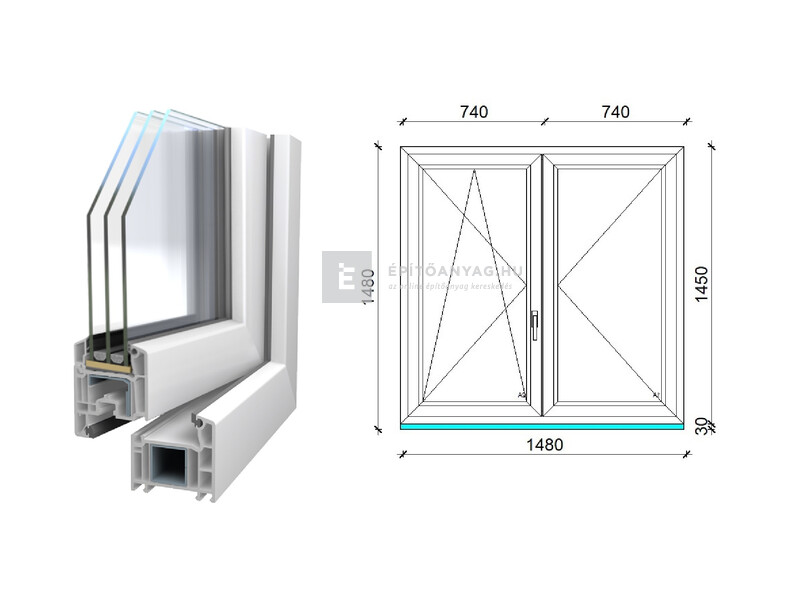 Königablak Veka 70 AD 3r üv NY-BNY 150x150 cm bal fehér kétszárnyú váltószárnyas ablak