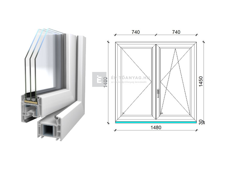 Königablak Veka 70 AD 3r üv NY-BNY 150x150 cm jobb fehér kétszárnyú váltószárnyas ablak