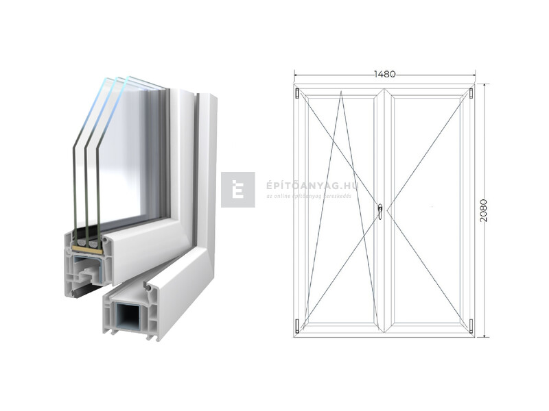 Königablak Veka 70 AD 3r üv NY-BNY 150x210 cm bal fehér kétszárnyú váltószárnyas erkélyajtó