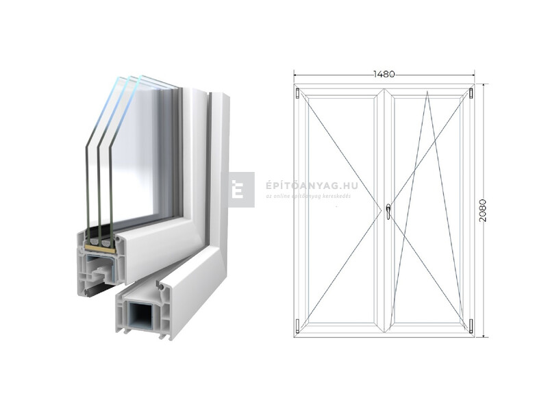 Königablak Veka 70 AD 3r üv NY-BNY 150x210 cm jobb fehér kétszárnyú váltószárnyas erkélyajtó