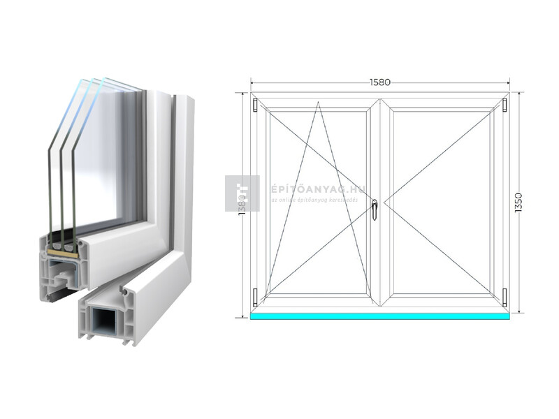 Königablak Veka 70 AD 3r üv NY-BNY 160x140 cm bal fehér kétszárnyú váltószárnyas ablak
