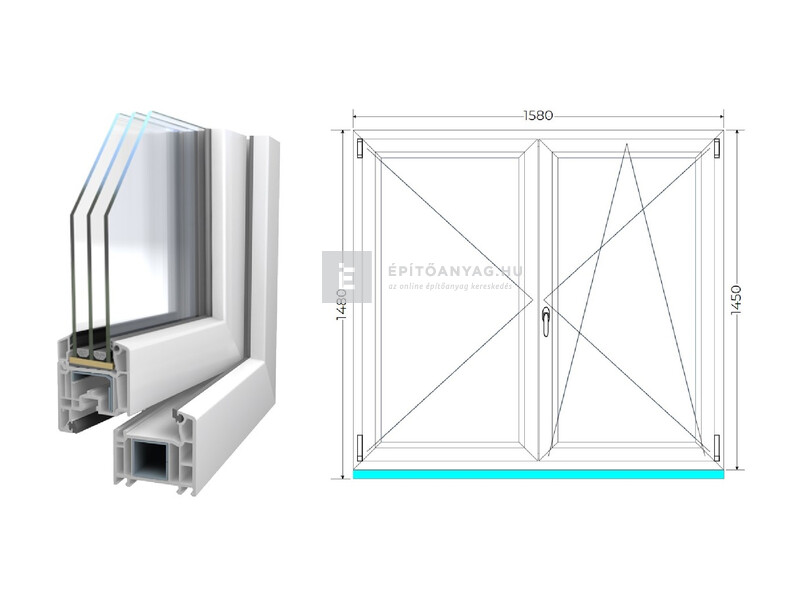 Königablak Veka 70 AD 3r üv NY-BNY 160x150 cm jobb fehér kétszárnyú váltószárnyas ablak