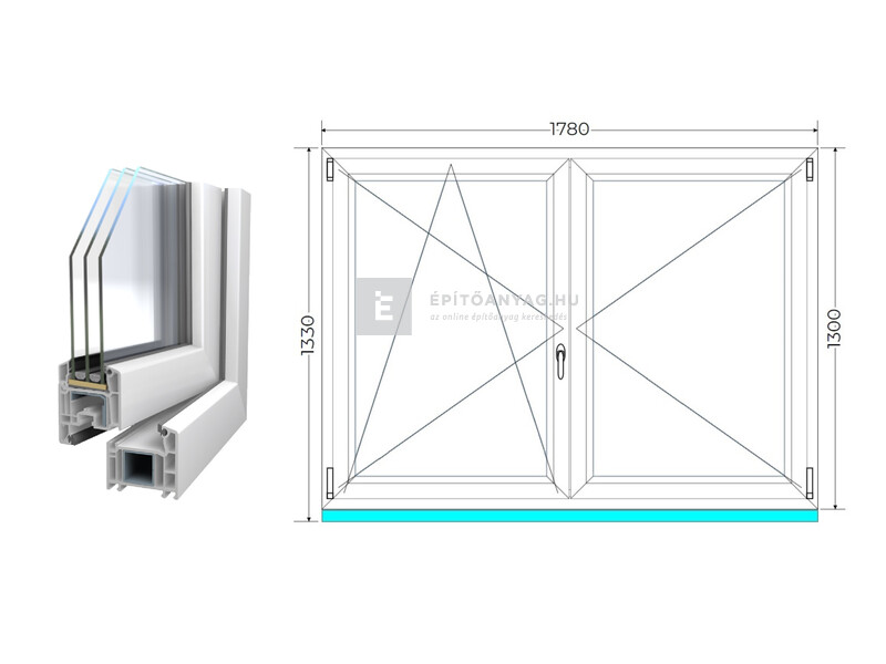 Königablak Veka 70 AD 3r üv NY-BNY 180x135 cm bal fehér kétszárnyú váltószárnyas ablak