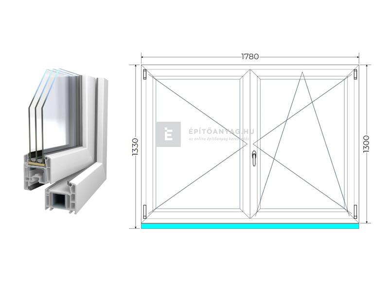 Königablak Veka 70 AD 3r üv NY-BNY 180x135 cm jobb fehér kétszárnyú váltószárnyas ablak