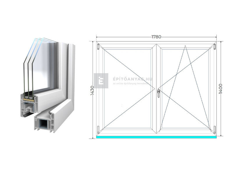 Königablak Veka 70 AD 3r üv NY-BNY 180x145 cm jobb fehér kétszárnyú váltószárnyas ablak
