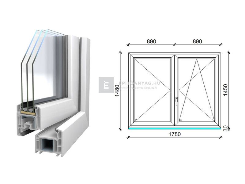 Königablak Veka 70 AD 3r üv NY-BNY 180x150 cm jobb fehér kétszárnyú váltószárnyas ablak