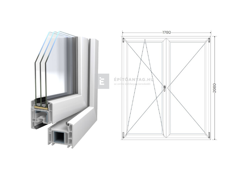 Königablak Veka 70 AD 3r üv NY-BNY 180x210 cm bal fehér kétszárnyú váltószárnyas erkélyajtó