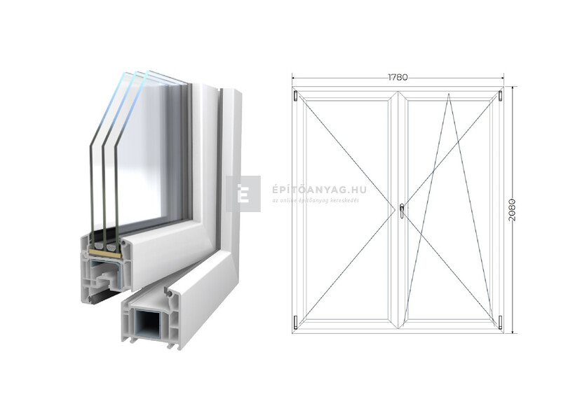 Königablak Veka 70 AD 3r üv NY-BNY 180x210 cm jobb fehér kétszárnyú váltószárnyas erkélyajtó