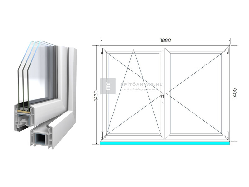 Königablak Veka 70 AD 3r üv NY-BNY 190x145 cm bal fehér kétszárnyú váltószárnyas ablak