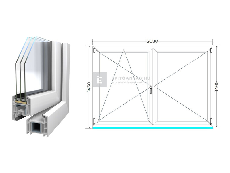 Königablak Veka 70 AD 3r üv NY-BNY 210x145 cm bal fehér kétszárnyú váltószárnyas ablak