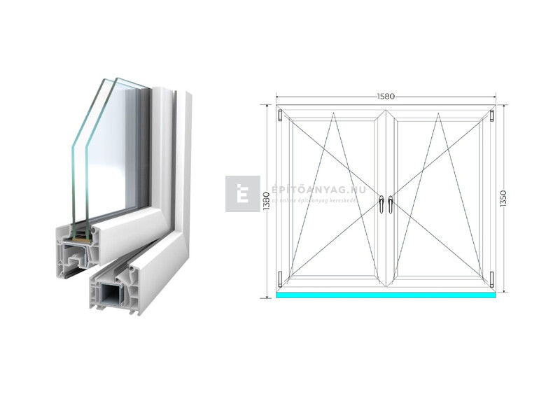 Königablak Veka 76 MD 2r üv BNY-BNY 160x140 cm fehér kétszárnyú tokosztott ablak