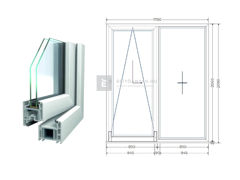 Königablak Veka 76 MD 2r üv T-B 180x210 cm bal fehér erkélyajtó