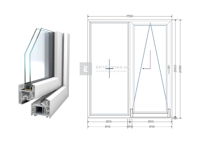 Königablak Veka 76 MD 2r üv T-B 180x210 cm jobb fehér erkélyajtó