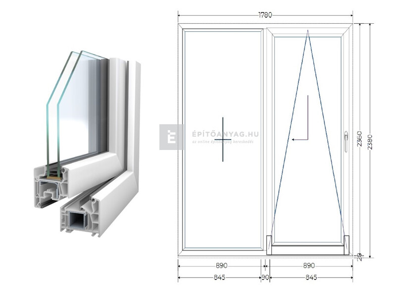 Königablak Veka 76 MD 2r üv T-B 180x240 cm jobb fehér erkélyajtó