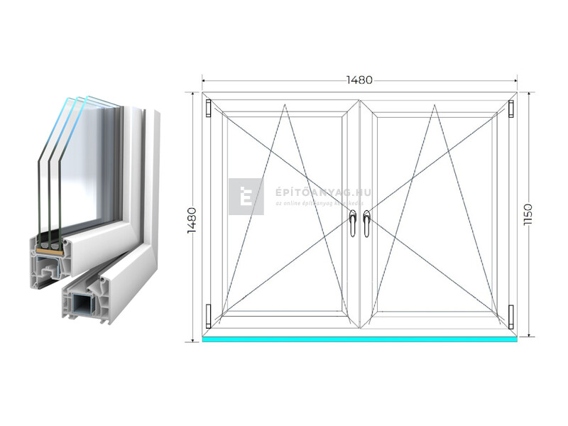 Königablak Veka 76 MD 3r üv BNY-BNY 150x120 cm fehér kétszárnyú tokosztott ablak